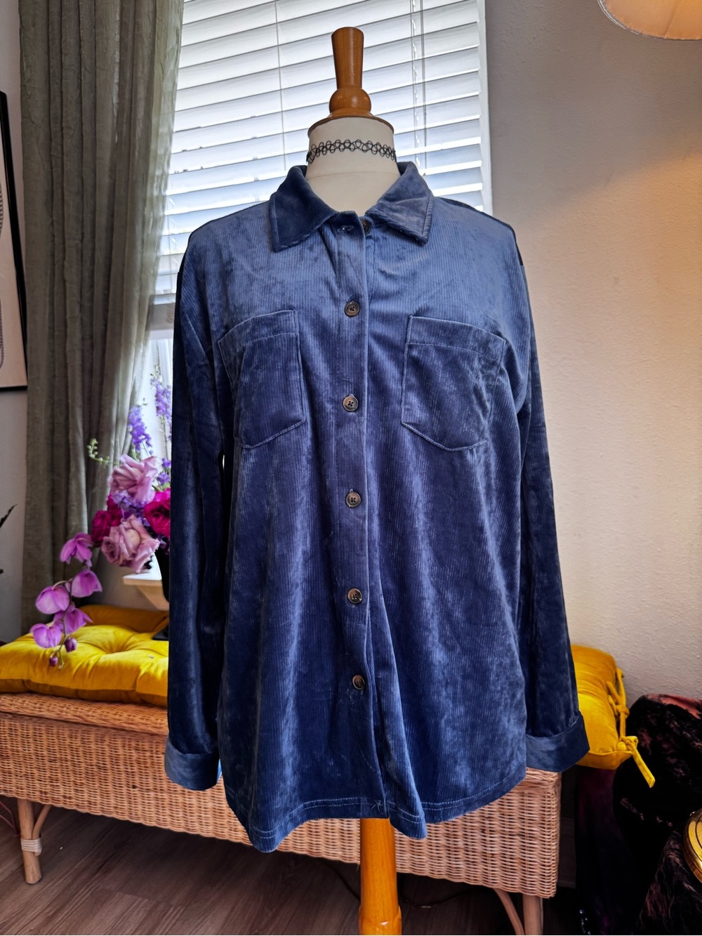 Blue Velour Button-Up oversized shirt brand is Weatherproof Vintage